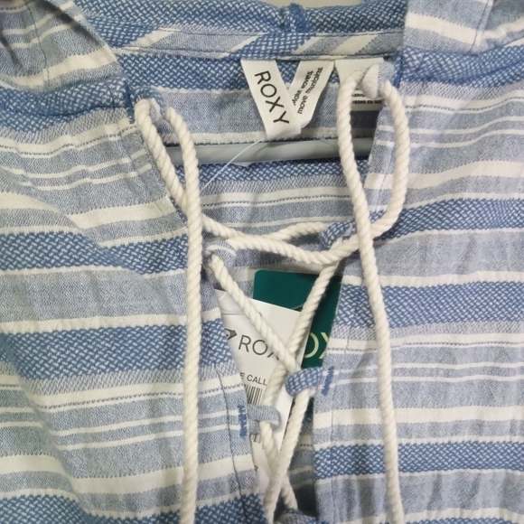 ROXY Paradise Calling Woven Poncho Hoodie Bijou Blue River Stripe Size M NWT - Picture 4 of 14